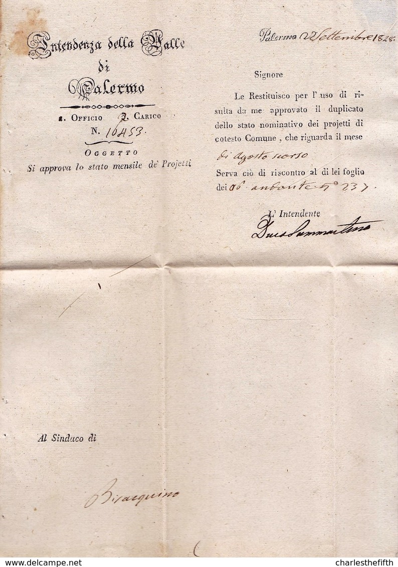 1828  LETTERA PALERMO INTENDENZA DELLA VALLE DI PALERMO REAL SERVIZIO - 22 SET 1828 - ...-1850 Préphilatélie