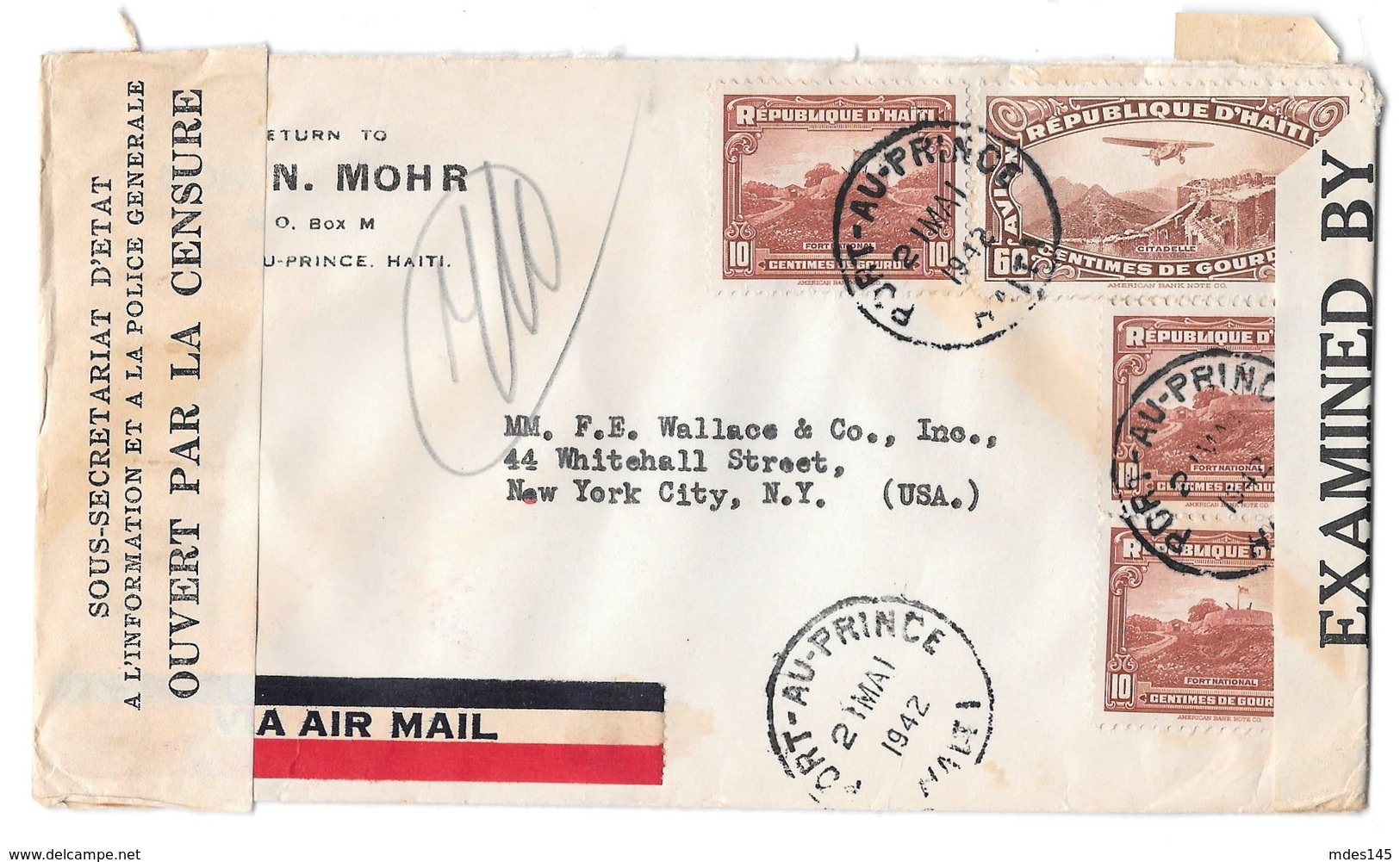 1942 Double Censored Multi Franked Airmail Cover Haiti Tape Handstamp US Censor Tape 3944 - Haiti