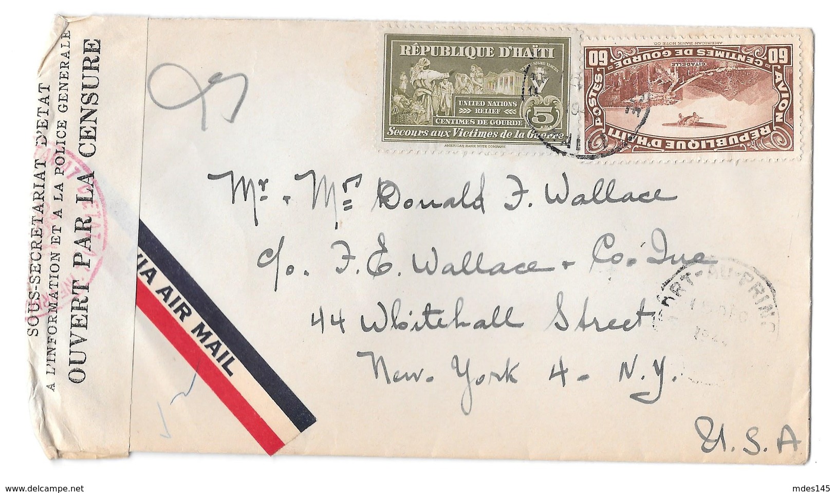 Haiti 1944 Censored Airmail Cover To US Tape And Handstamp Scott C8a RA4 Tax Stamp - Haiti