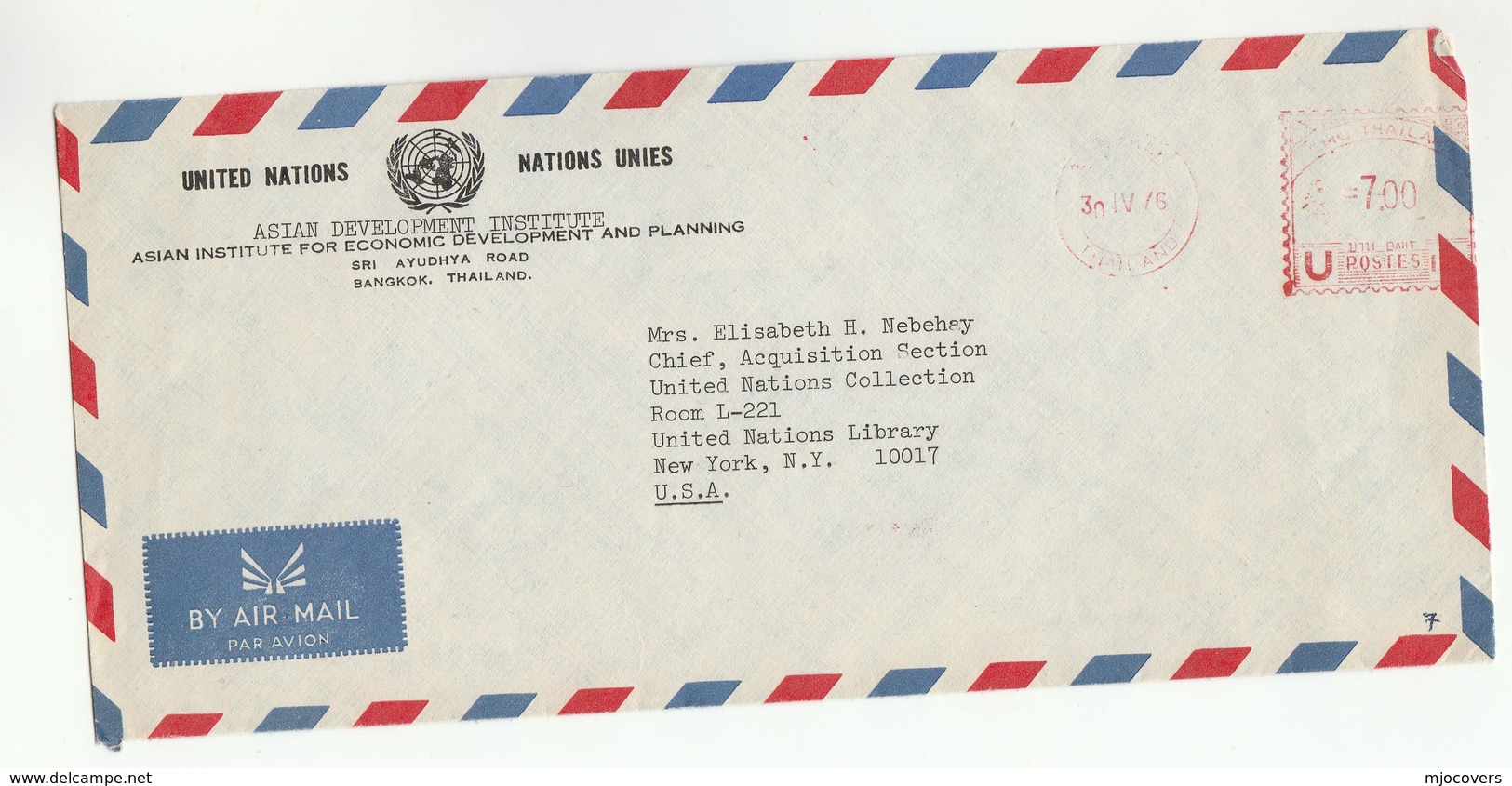 1976 UN In THAILAND Airmail COVER METER Stamps UN DEVELOPMENT INST PLANNING  To United Nations NY USA - Thailand