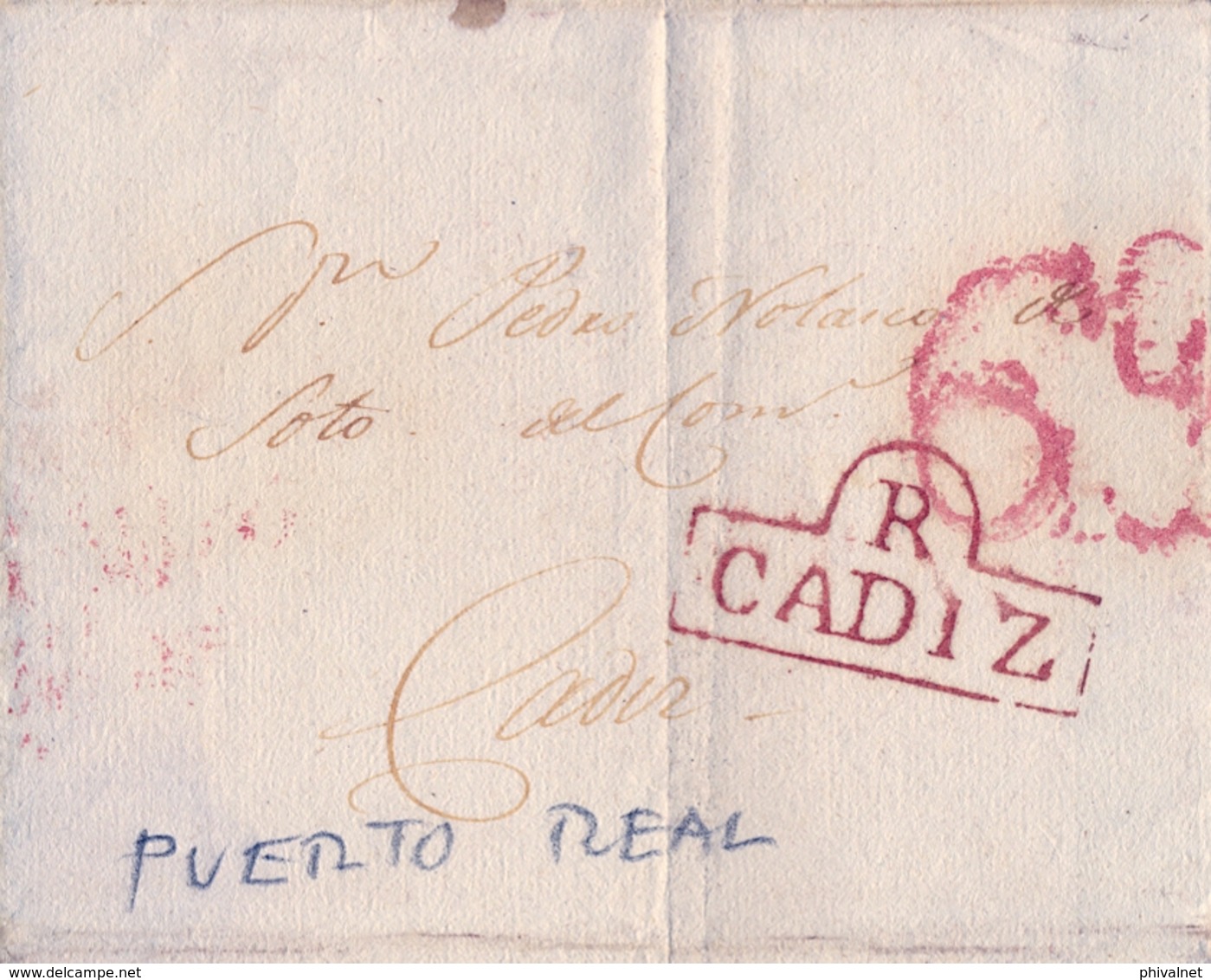 1822 - 1841 , CADIZ  , ENVUELTA CIRCULADA ENTRE PUERTO REAL Y CADIZ  , TIZÓN Nº 3 - ...-1850 Prefilatelia