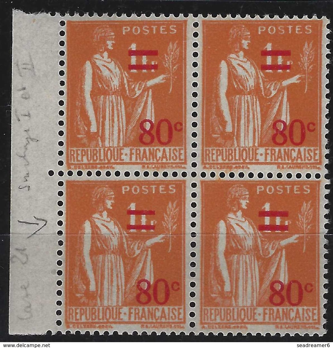 France Type Paix N°359 **, 80c/1fr  Bloc De 4 BDfeuille, Type I & II Se Tenant à Normal Très Frais - 1932-39 Paz