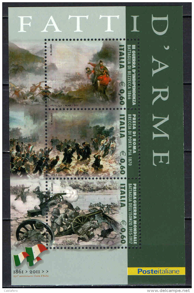 ITALIA - 2011 - FATTI D'ARME: BATTAGLIA DI BEZZECA, BRECCIA DI PORTA PIA, BATTAGLIA DISONZO - SOUVENIR SHEET -  MNH - 2011-20: Neufs