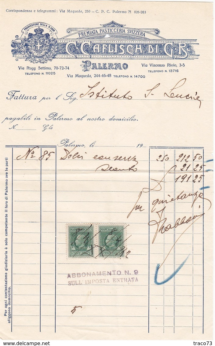 PALERMO _ 1942 /  Fattura Commerciale  - Premiata Pasticceria Svizzera " C. CAFLISCH Di G.R. " - Italia