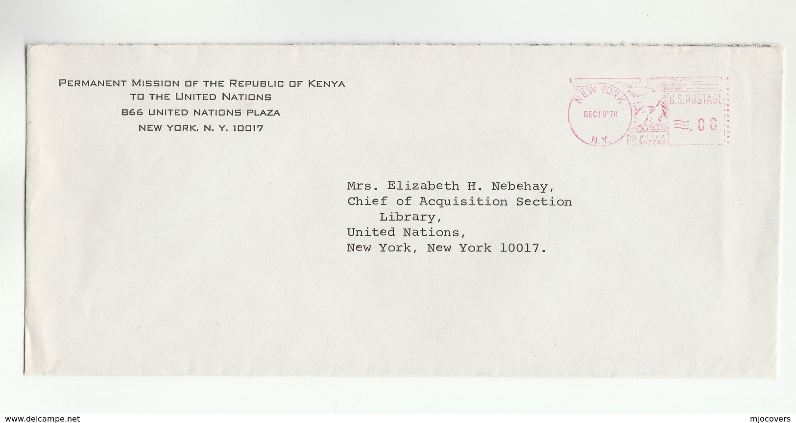 1970 KENYA At UN - 'PERMANENT MISSION OF REPUBLIC OF KENYA TO THE UNITED NATIONS' COVER Meter Stamps  Usa Diplomatic - UNO