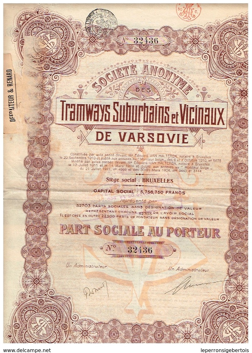 Action Ancienne - Société Anonyme Des Tramways Suburbains Et Vicinaux De Varsovie - Titre De 1924 - - Bahnwesen & Tramways