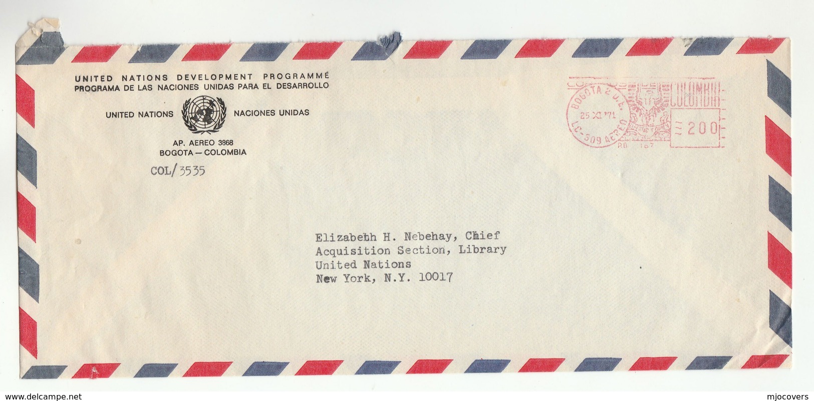 1971 UN In COLOMBIA Airmail COVER METER Stamps UNDP BOGOTA To United Nations NY USA - Colombia