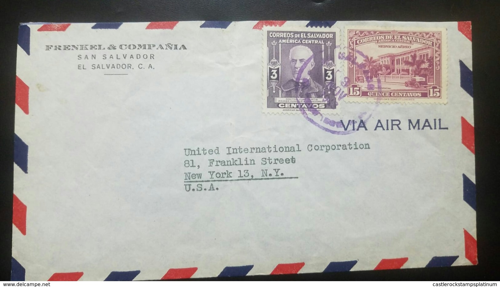 O) 1944 EL SALVADOR, HUMANIST JUAN BERTIS SCOTT A154 3c, OLD CARS - PRESIDENTIAL PALACE SCOTT AP22, AIRMAIL TO USA - FRE - El Salvador