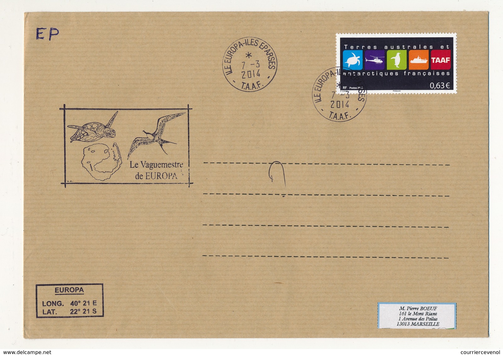 T.A.A.F - Enveloppe Ile Europa / Iles éparses - 7/3/2014 - 0,63 E Série Courante - Cartas & Documentos