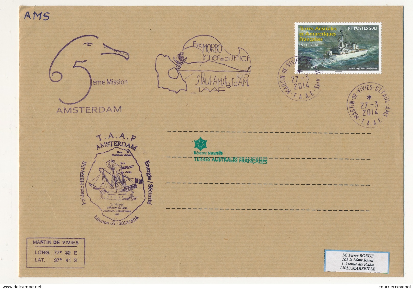 T.A.A.F - Enveloppe Martin De Vivies - St Paul Ams - 27/3/2014 - FS Floreal / 5eme Mission Amsterdam - Cartas & Documentos