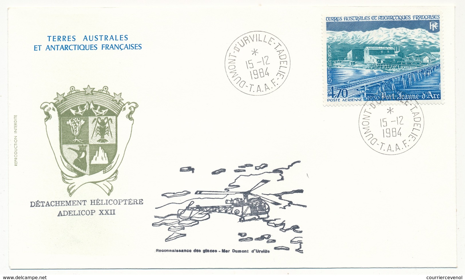 TAAF - Enveloppe Affr. 4,70 PA - Port Jeanne D'Arc - Dumont D'Urville T.Adélie 15/12/1984 - Hélicoptères ADELICOP 22 - Brieven En Documenten
