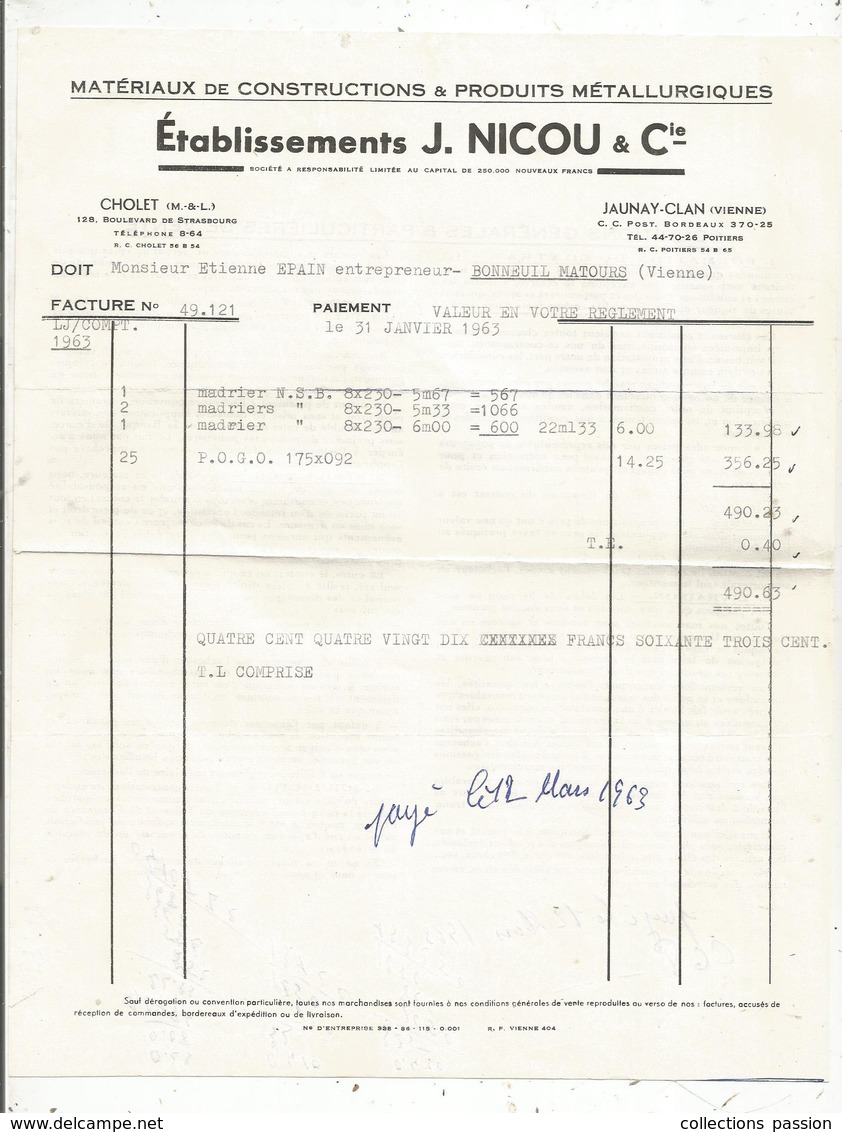 Facture , 1963 , Matériaux De Constructions  , Ets J. NICOU & Cie, Cholet ,Jaunay Clan , Frais Fr 1.45 E - 1950 - ...