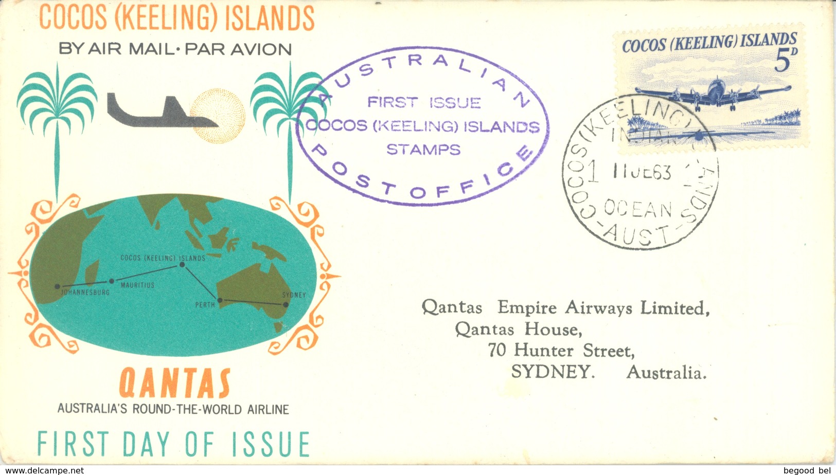 COCOS (KEELING) ISLANDS  - FDC - 11.6.1963 -  QANTAS  - Yv 2  -  Lot 17763 - Cocos (Keeling) Islands