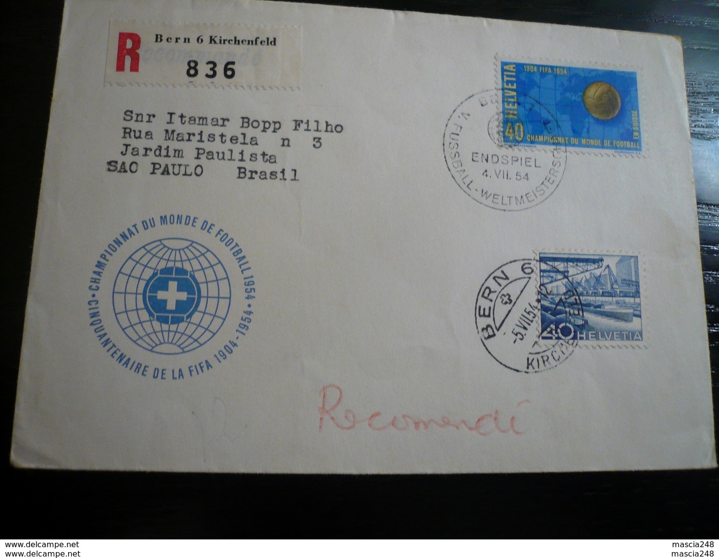 Calcio Soccer  1954 World Cup Registered Letter With Date 04.07.1954 Then Shipped To Brasil - 1954 – Switzerland