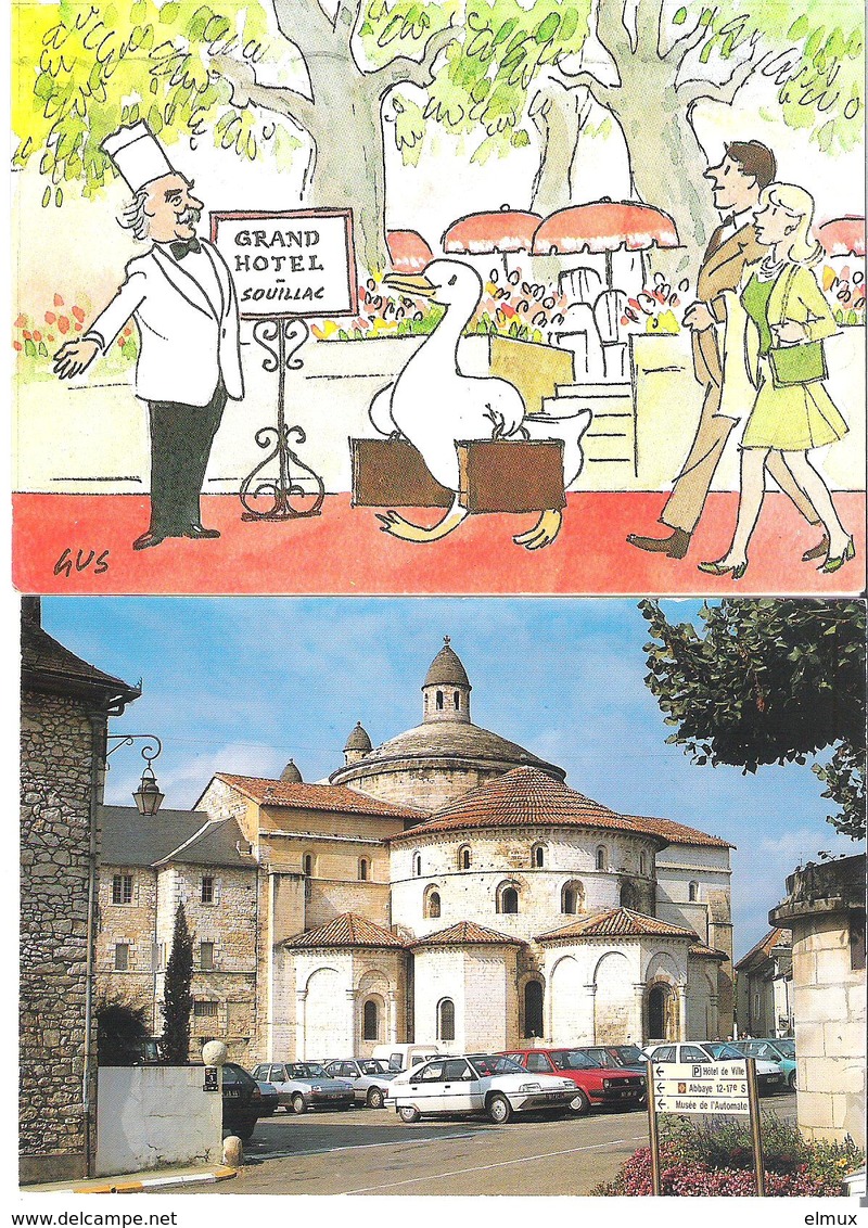 SOUILLAC. 2 CP Carte Pub Grand Hôtel Ill. Par Gus - Eglise Sainte Marie - Souillac