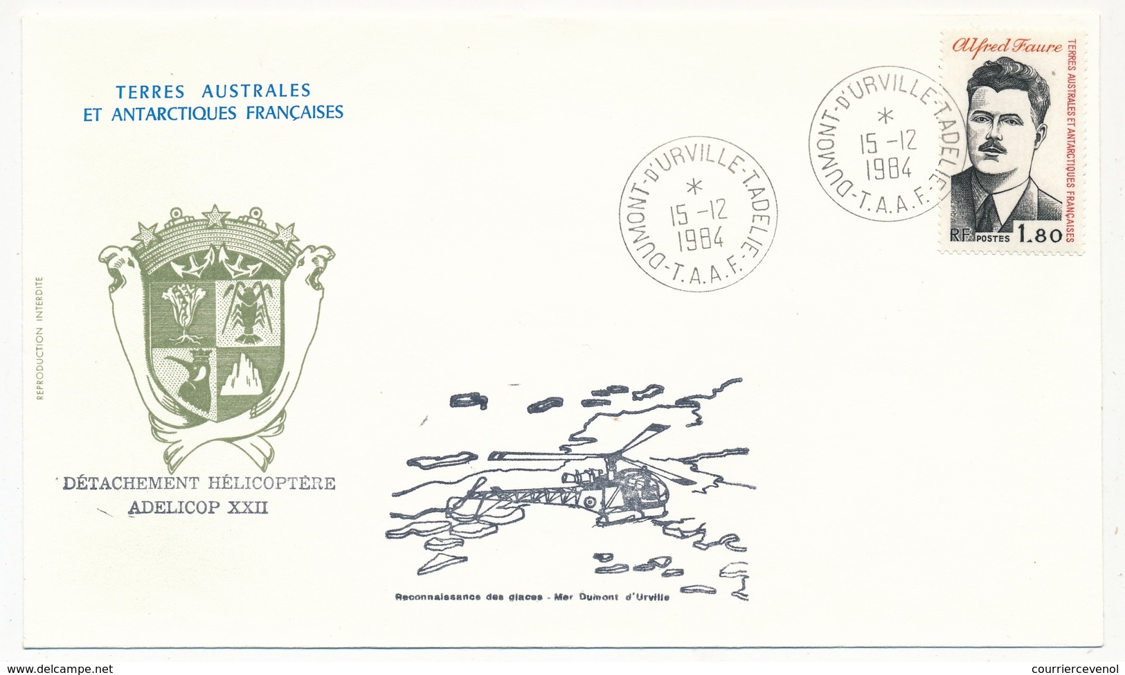 TAAF - Enveloppe Affr. 1,80 Alfred Faure - Dumont D'Urville T.Adélie 15/12/1984 - Hélicoptères ADELICOP 22 - Briefe U. Dokumente