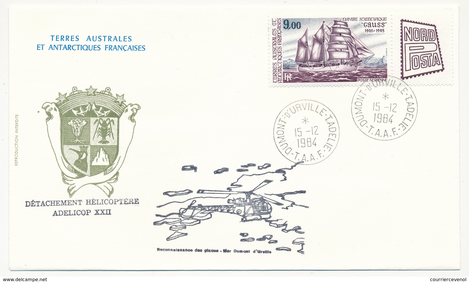 TAAF - Enveloppe Affr. 9,00 Navire Scientifique Gauss - Dumont D'Urville T.Adélie 15/12/1984 - Hélicoptères ADELICOP 22 - Storia Postale