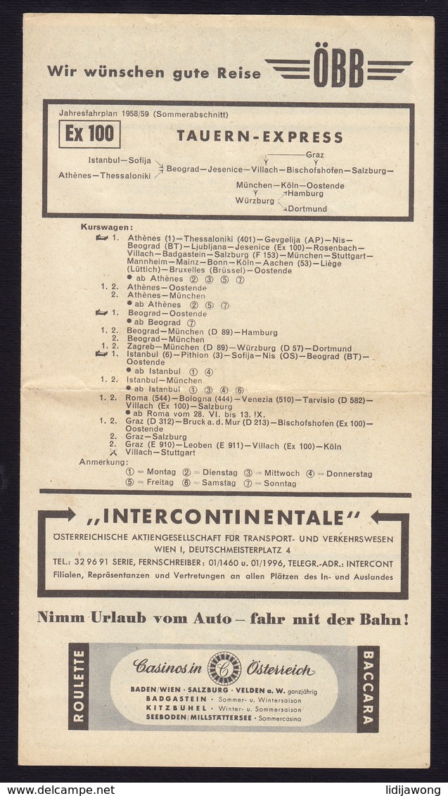 (3 Scans) TAUERN EXPRESS Railway Eisenbahn, Schedule 1958/59 ATHENS MUNCHEN STUTTGART OOSTENDE (see Sales Conditions) - Europa