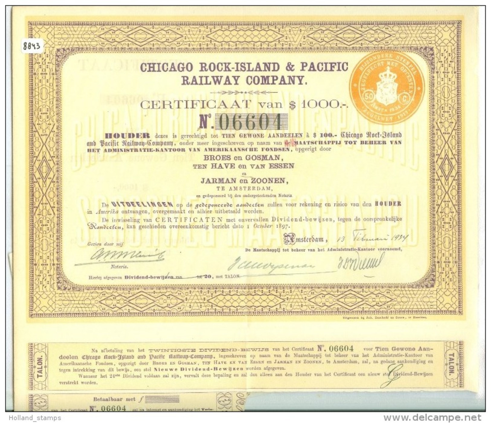 Chicago Rock-island & Pacific Railway Company Of US $ 1,000.00 AMSTERDAM 1934 * AANDEEL SHARE * 8843 * - Spoorwegen En Trams