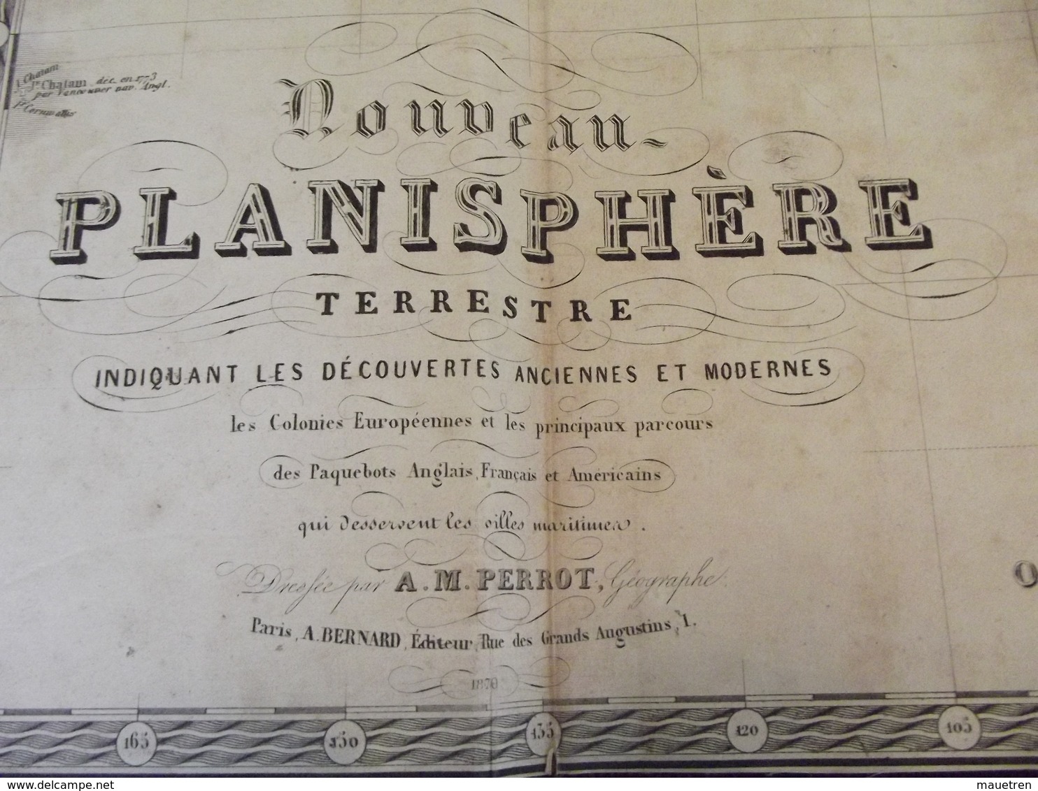 NOUVEAU PLANISPHERE TERRESRE A. M. PERROT 1870 Avec Les Principaux Parcours Des Paquebots - Cartes Géographiques