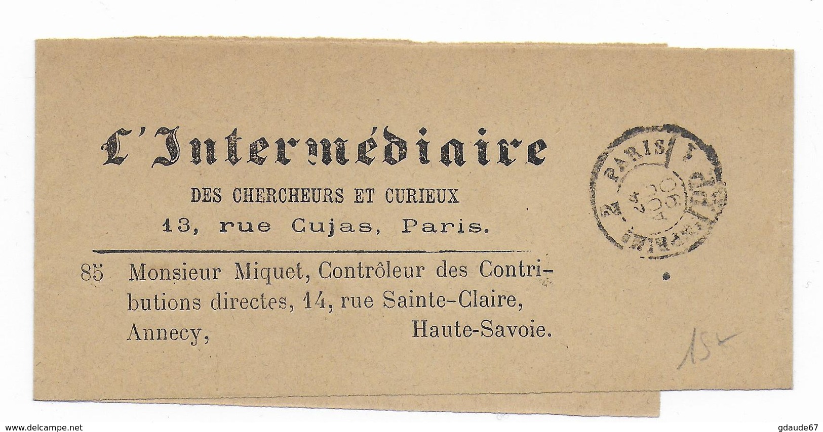 1890 - BANDE JOURNAL "L'INTERMEDIAIRE" Avec TàD "IMPRIM 2 PARIS PP 1" - 1877-1920: Période Semi Moderne