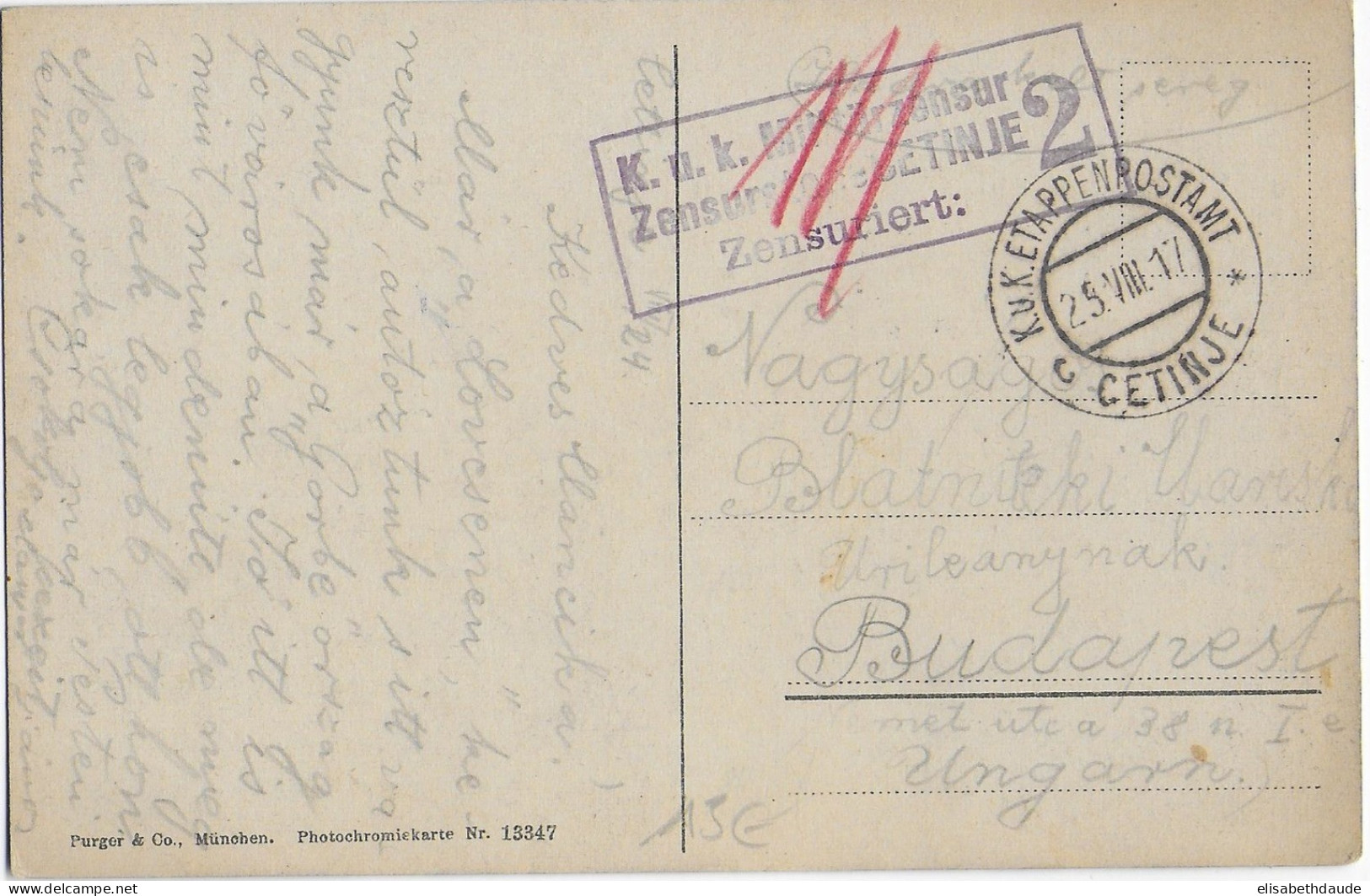 1917 - MONTENEGRO - CARTE Avec CENSURE LOCALE AUTRICHIENNE De CETINJE => BUDAPEST (HONGRIE) - Montenegro