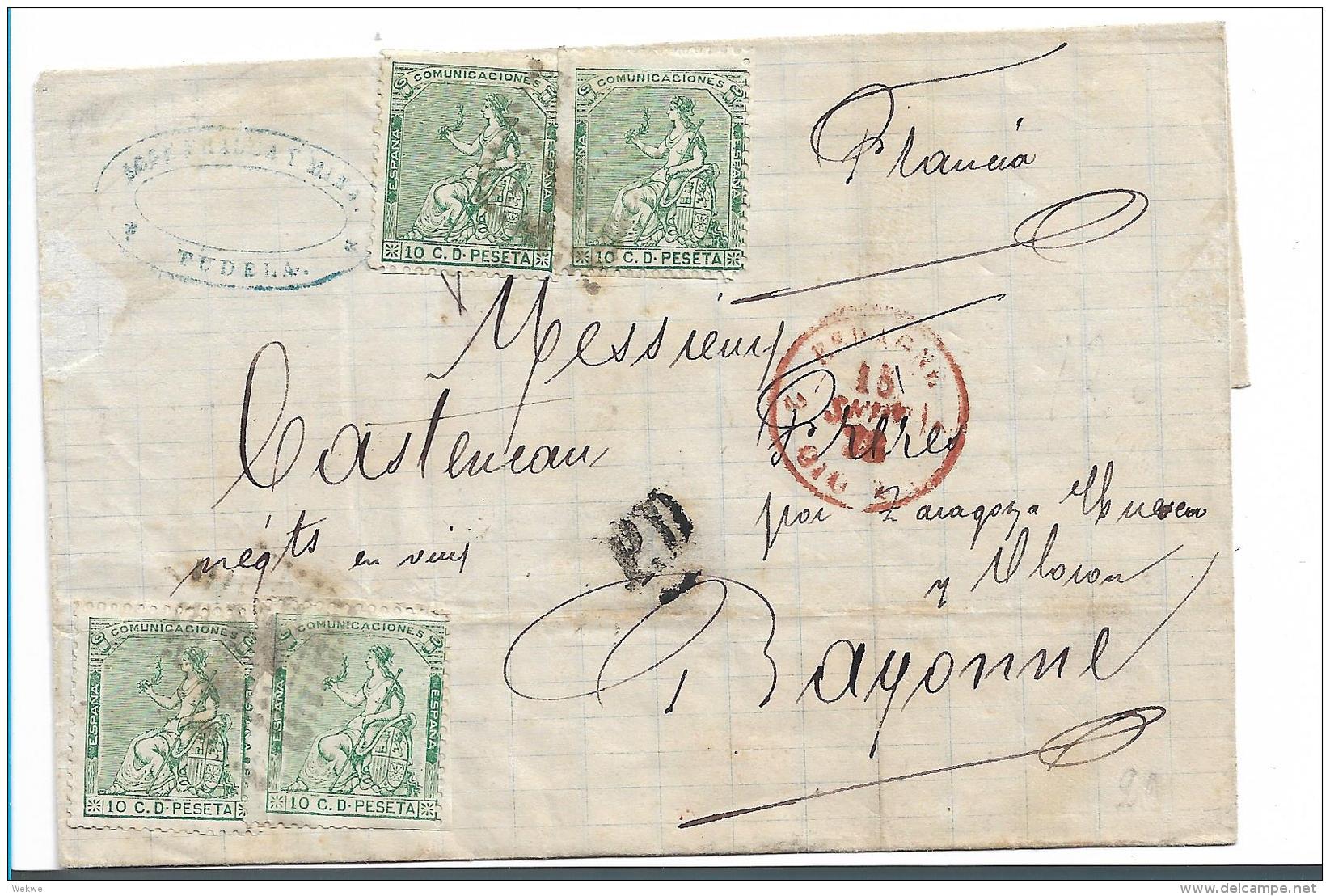 Spk113 /-/SPANIEN -  Allrgoriea Republica 1873, 10 C. (4 X) Nach Frankreich - Lettres & Documents