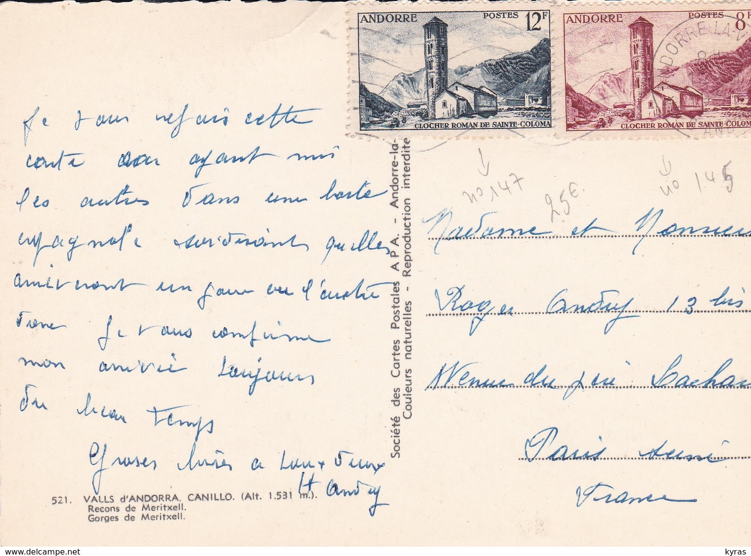 Timbres S/ Carte Postale . ANDORRE.  12 F Bleu + 8F Brun Rouge S/ Cpsm 10x15 Valls D'Andorra Gorges De Meritxell - Lettres & Documents