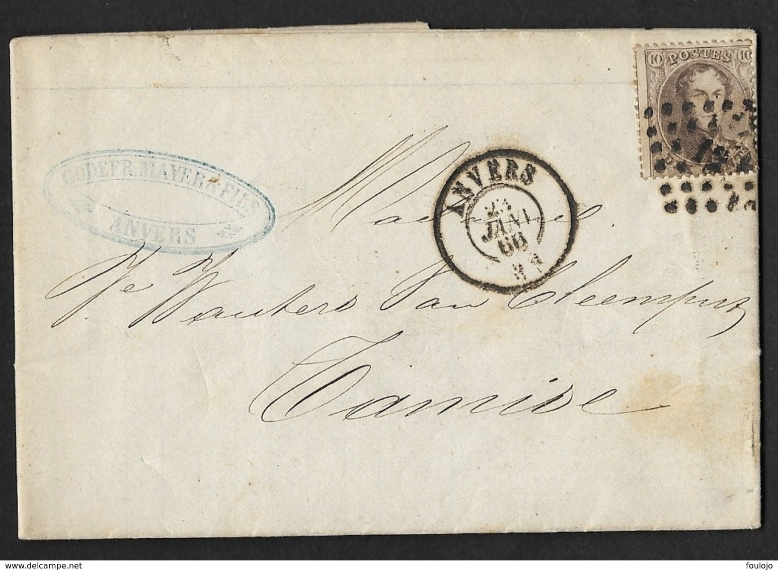 14B Sur Lettre Obl. LP 12 Vers Tamise CàD DC Anvers Le 23 Janv 1866 (Lot 722) - 1863-1864 Médaillons (13/16)