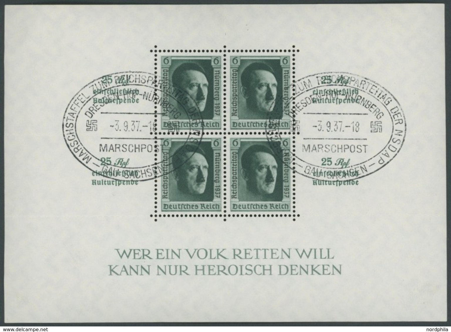 Dt. Reich Bl. 11 O, 1937, Block Reichsparteitag, Ersttags-Sonderstempel MARSCHPOST, Pracht - Sonstige & Ohne Zuordnung