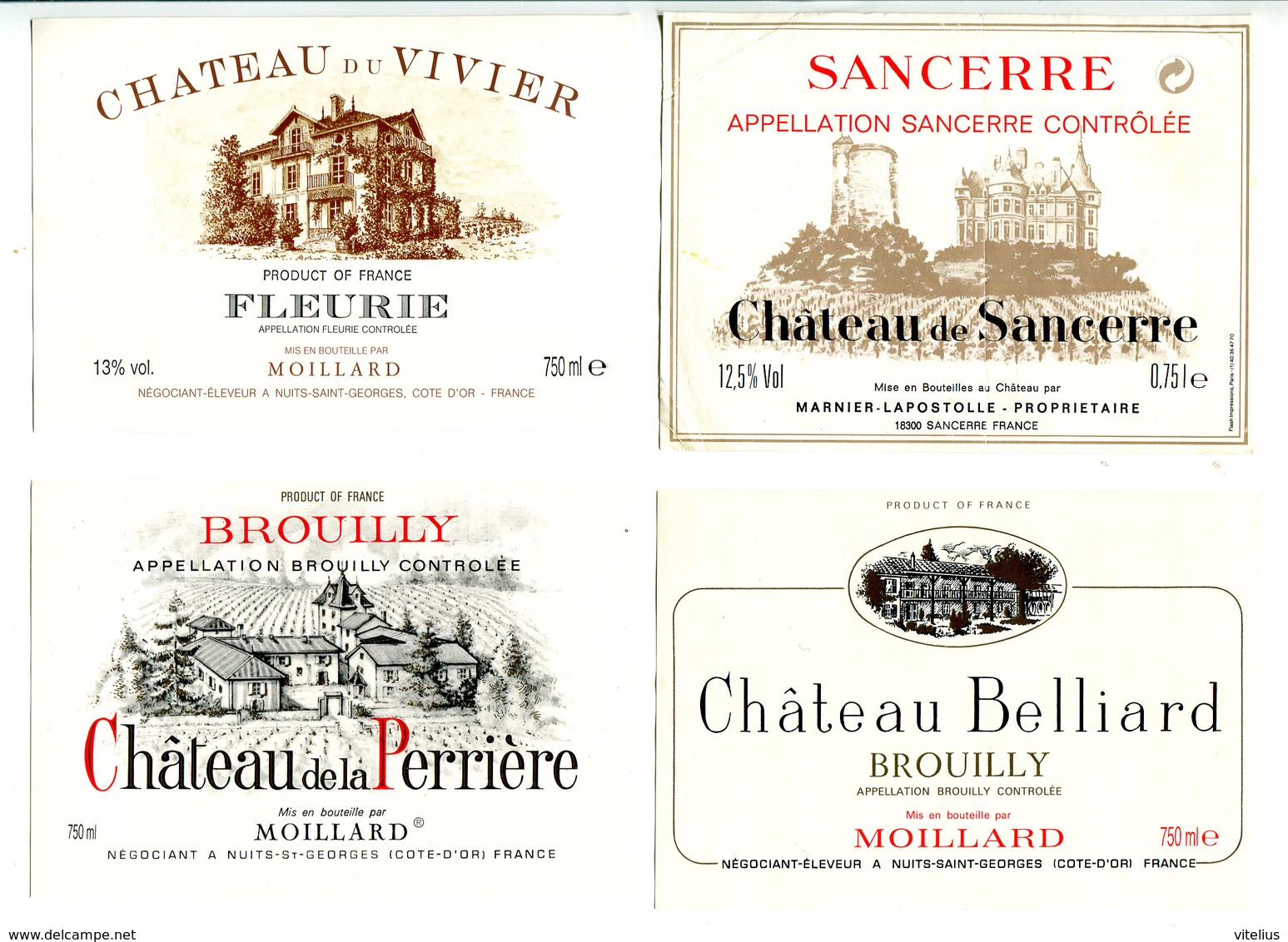 4 Etiquettes Bourgogne  : Fleury , Brouilly , Sancerre - Bourgogne