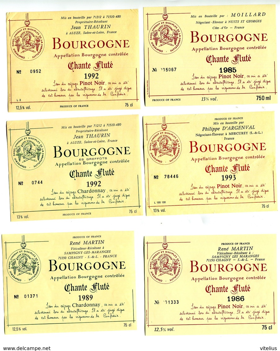 6 Etiquettes Bourgogne  : Chante Fluté 1986 à 1992 - Bourgogne