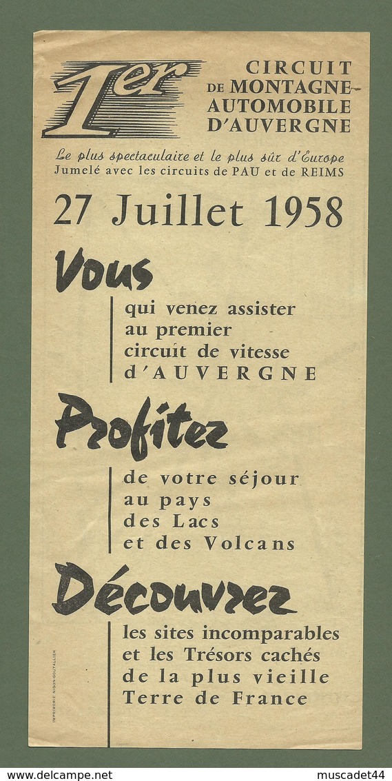 DOCUMENT TOURISTIQUE 1ER CIRCUIT DE MONTAGNE AUTOMOBILE D AUVERGNE 27 JUILLET 1958 - Cars