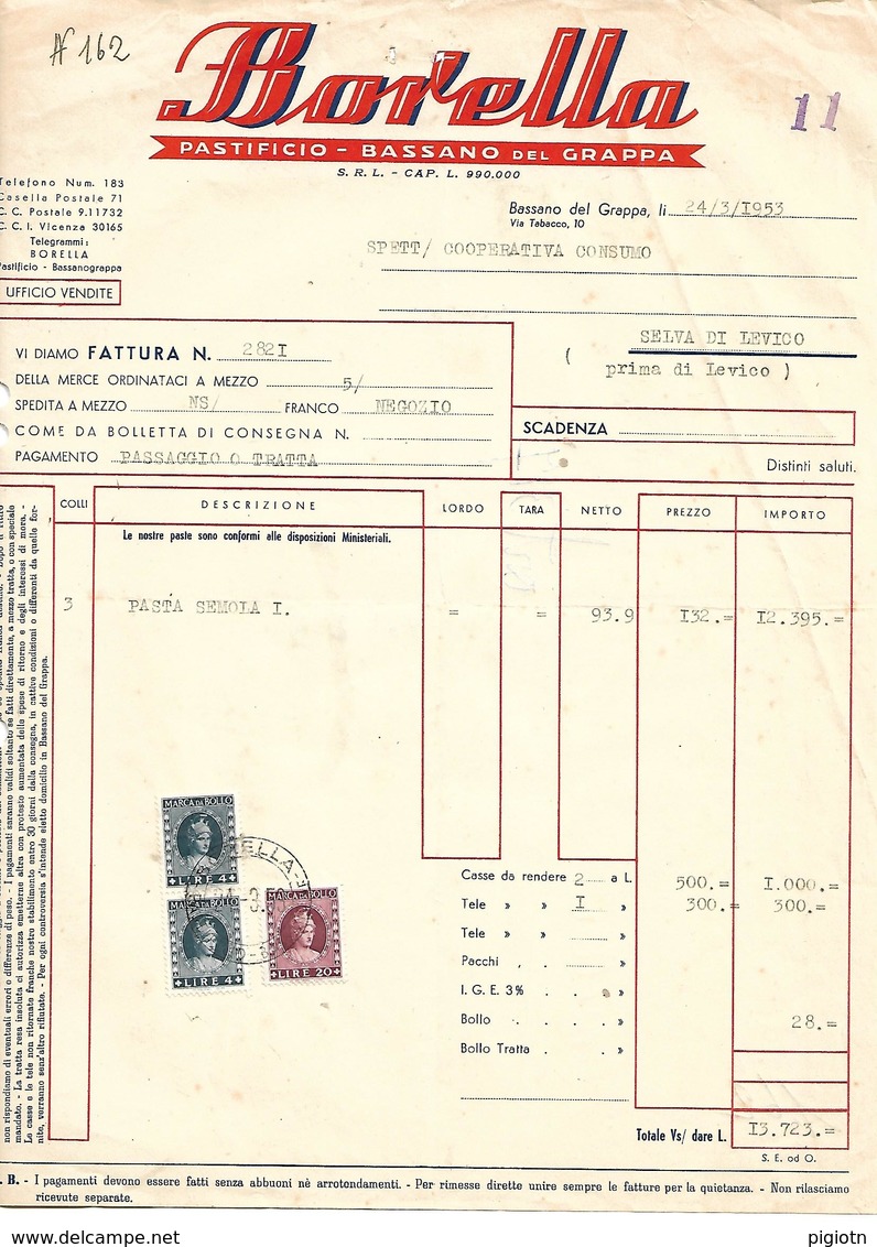 FAT205 - FATTURA 1953 - BORELLA - PASTIFICIO - BASSANO DEL GRAPPA - MARCHE DA BOLLO - Italia