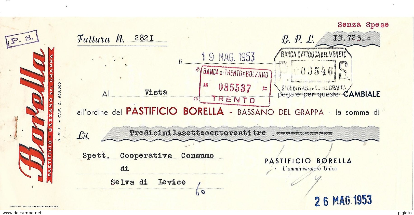 FAT205 - FATTURA 1953 - BORELLA - PASTIFICIO - BASSANO DEL GRAPPA - MARCHE DA BOLLO - Italia