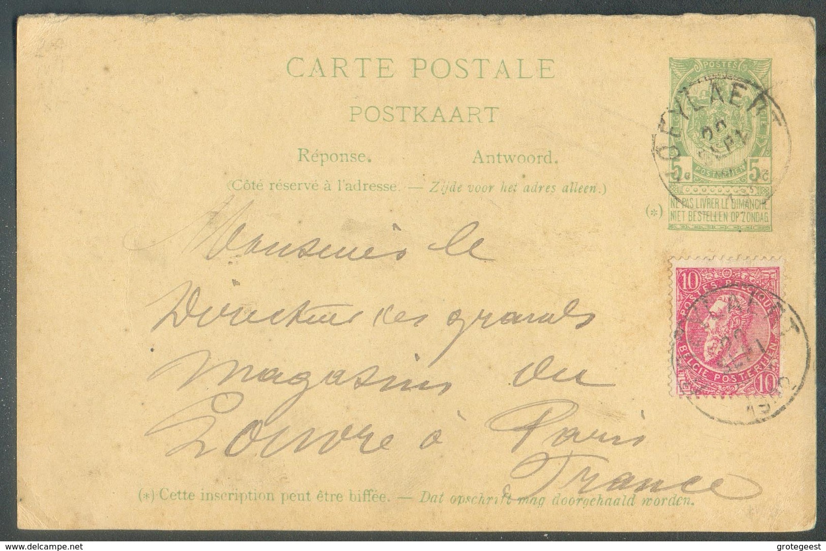 E.P. Carte 28, Volet Réponse, + N°58 (10c. Fine Barbe) Obl. Sc HOEYLAERT Du 20 Sept. 1902 Vers Paris.  Affr. à 15 Centim - Postcards 1871-1909