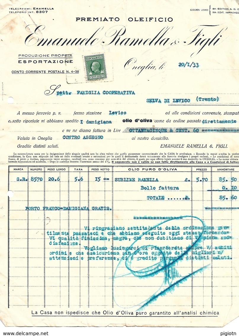 FAT210 - FATTURA 1933 - EMANUELE BAMELLA & FIGLI - ONEGLIA - MARCHE DA BOLLO - Italy