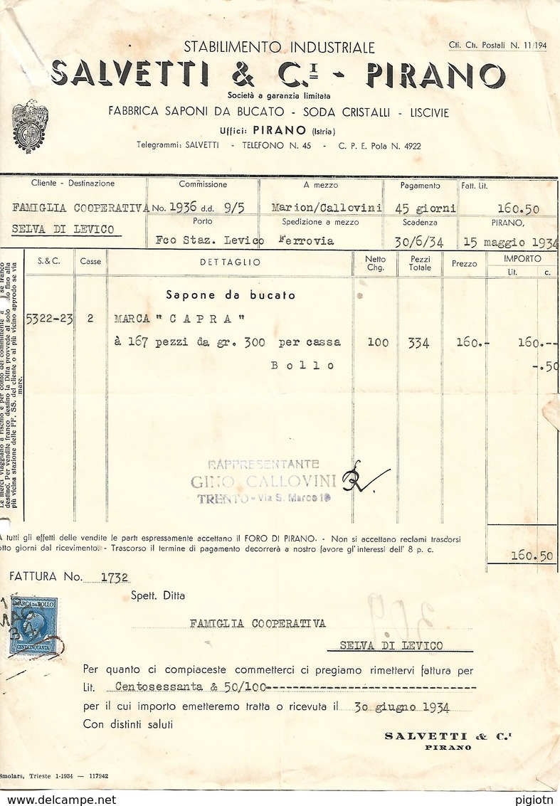 FAT214 - FATTURA 1934 - SALVETTI & C. - PIRANO (ISTRIA) - MARCHE DA BOLLO - Italia