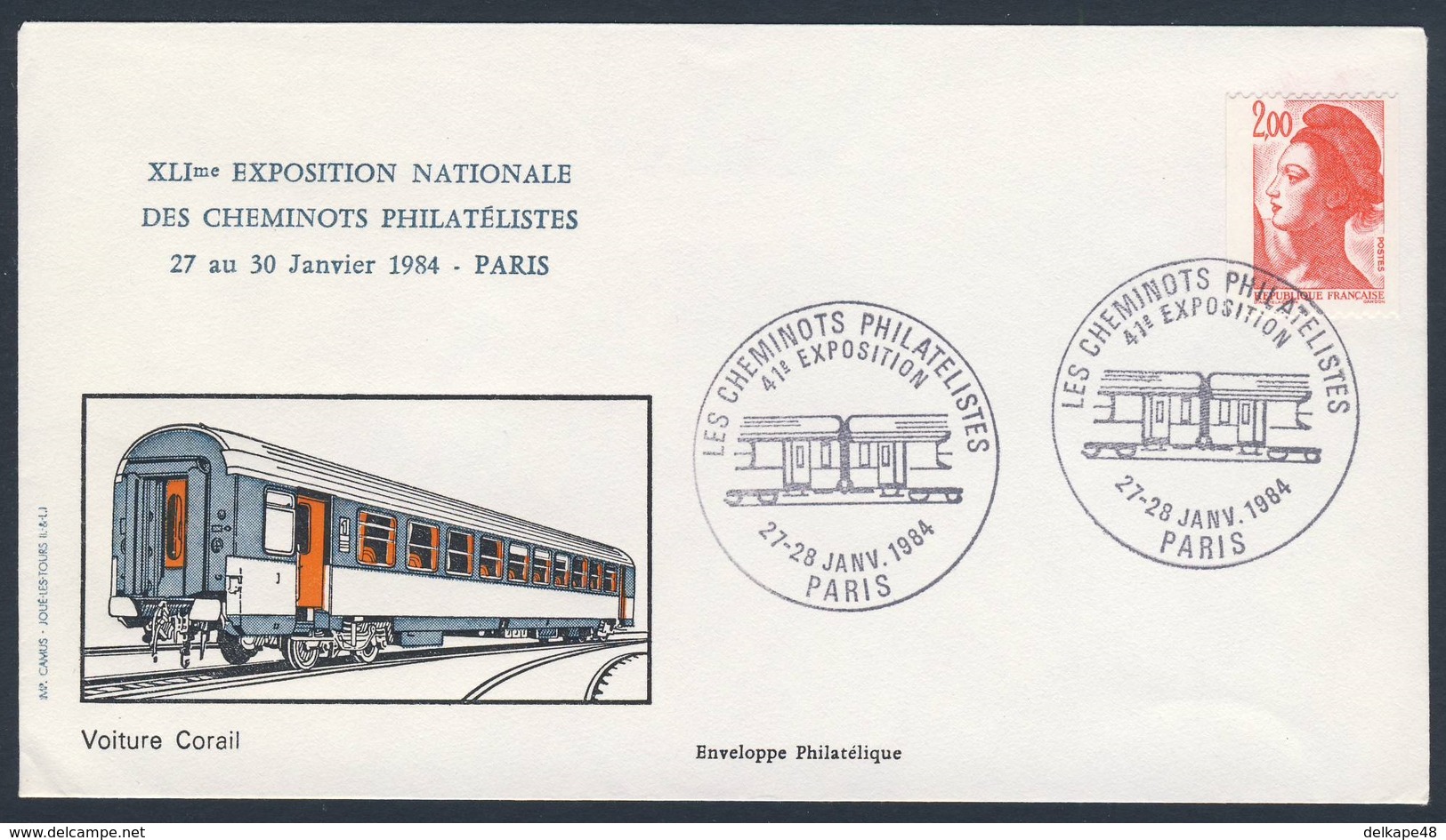 France Rep. Française 1984 Cover / Brief / Enveloppe - Voiture Corail / Passenger Cars / Personenwagen - Trenes