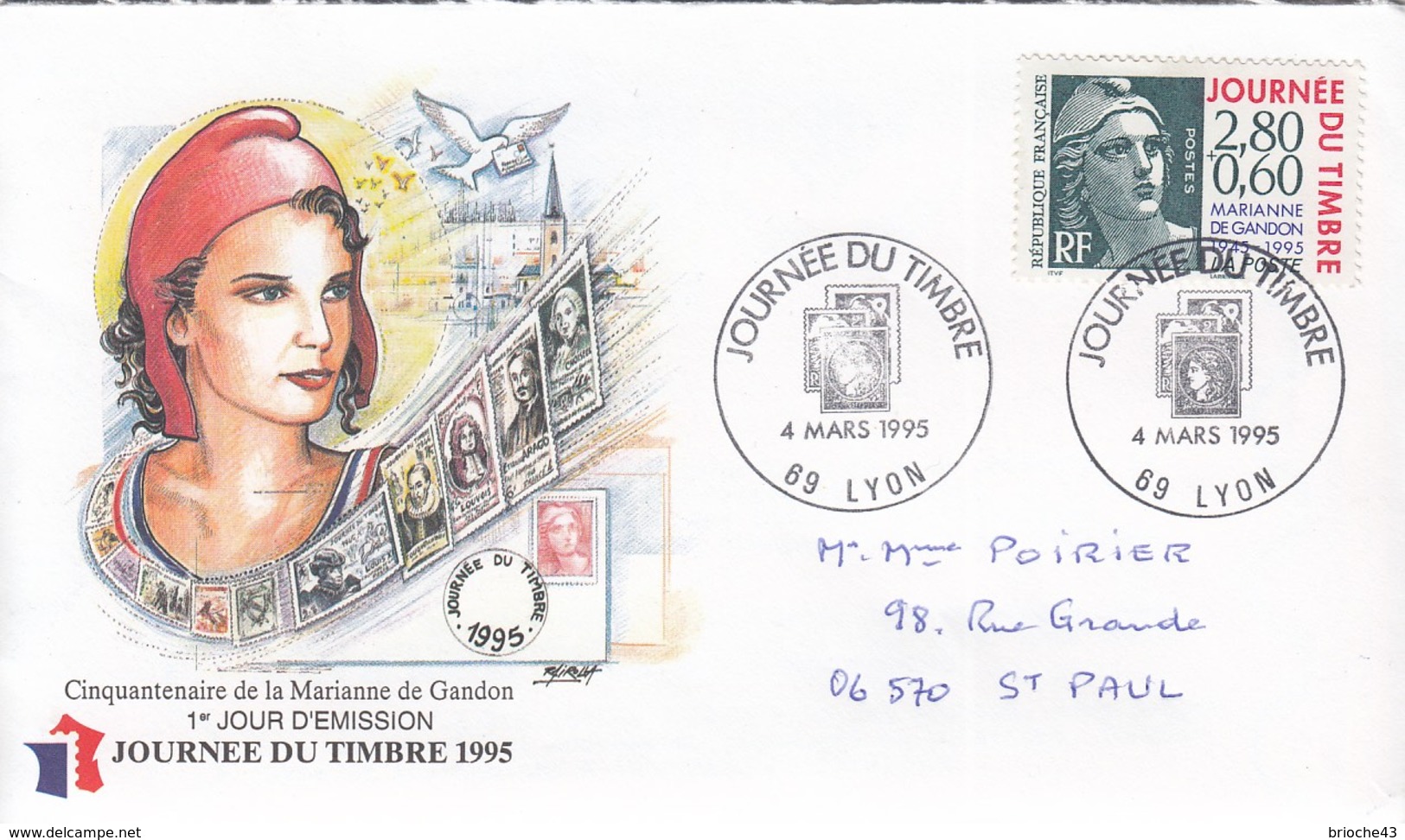 FRANCE - FDC JOURNEE DU TIMBRE 1995 - CINQUANTENAIRE MARIANE DE GANDON - 4.3.1995 LYON 69    / 1 - 1990-1999