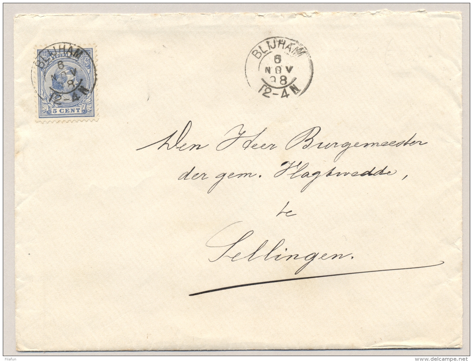 Nederland - 1898 - 5 Cent Hangend Haar Op Cover Van Kleinrond / KR BLIJHAM Naar Sellingen - Brieven En Documenten