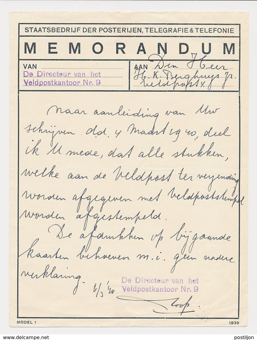Memorandum Veldpostkantoor 9 Middelburg 1940 - Zonder Classificatie