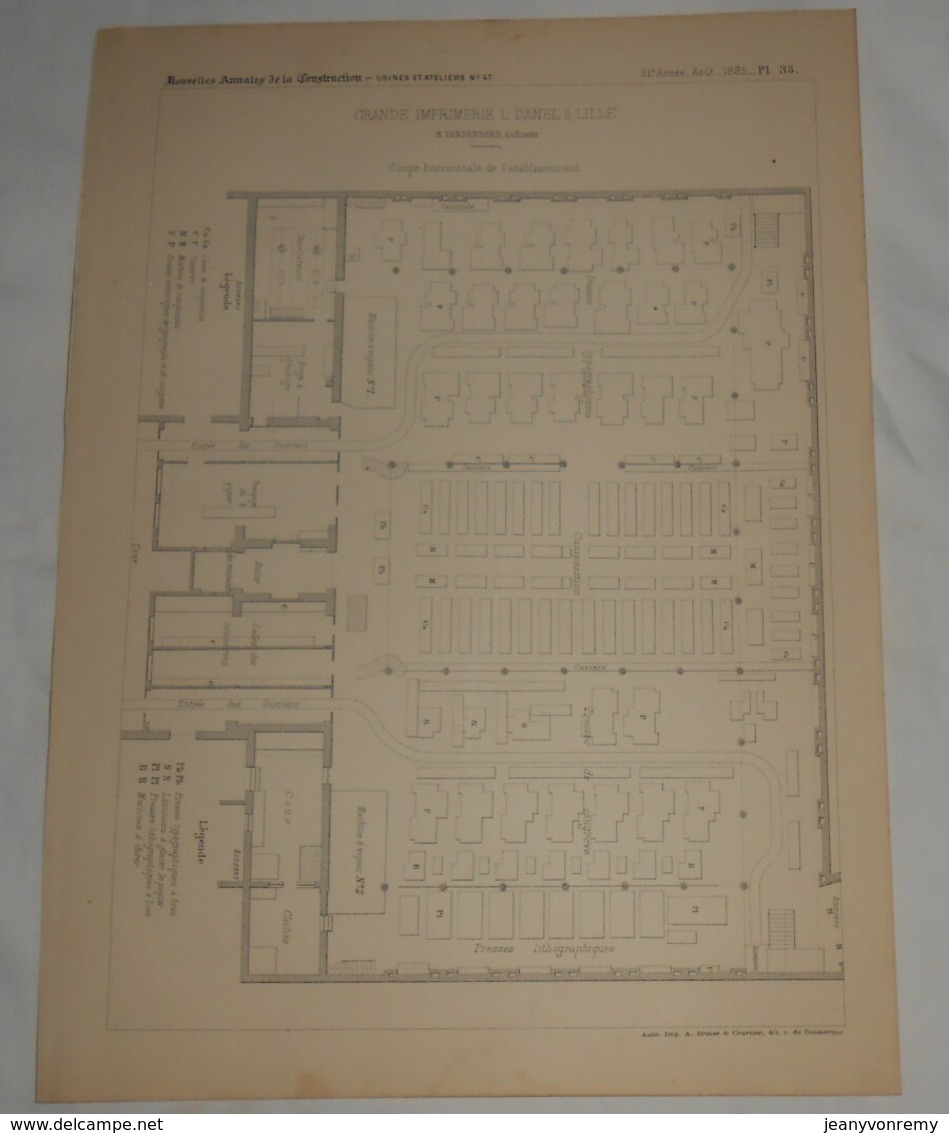 Plan De La Grande Imprimerie L. Danel à Lille. M. Vandenberg, Architecte. 1885. - Travaux Publics