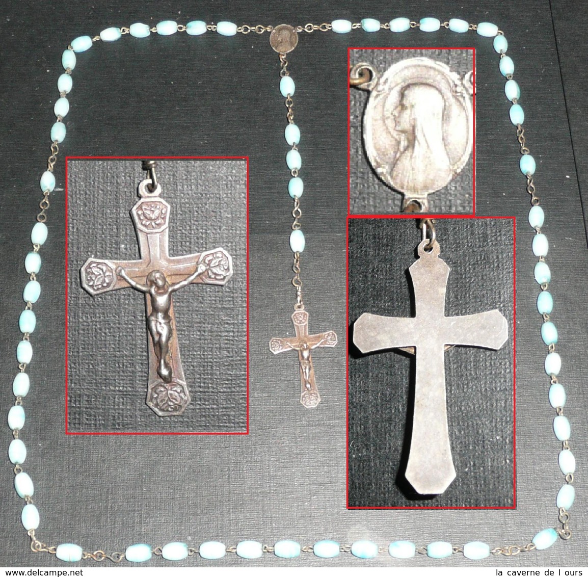 Rare Chapelet Perles De Verre Opalin Bleu, Médaille, Croix  Christ - Religione & Esoterismo