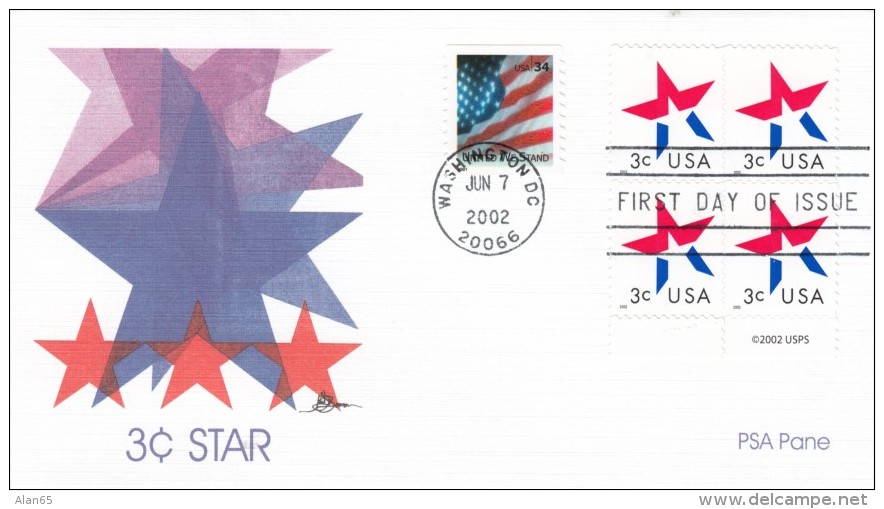 Sc#3613 3c Red White And Blue 'Star' 2002 Issue Block Of 4 With #3550 'United We Stand' Cover FDC - 2001-2010