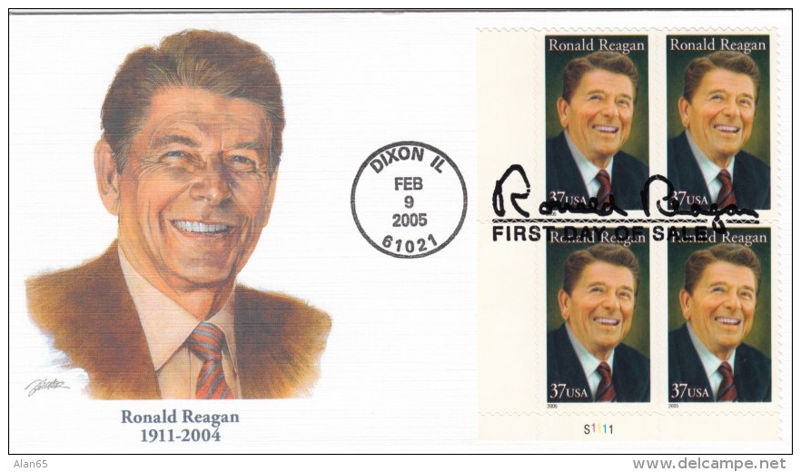 Sc#3897 37c President Ronald Reagan 2005 Issue Plate # Block Of 4 Illustrated Cover FDC - 2001-2010