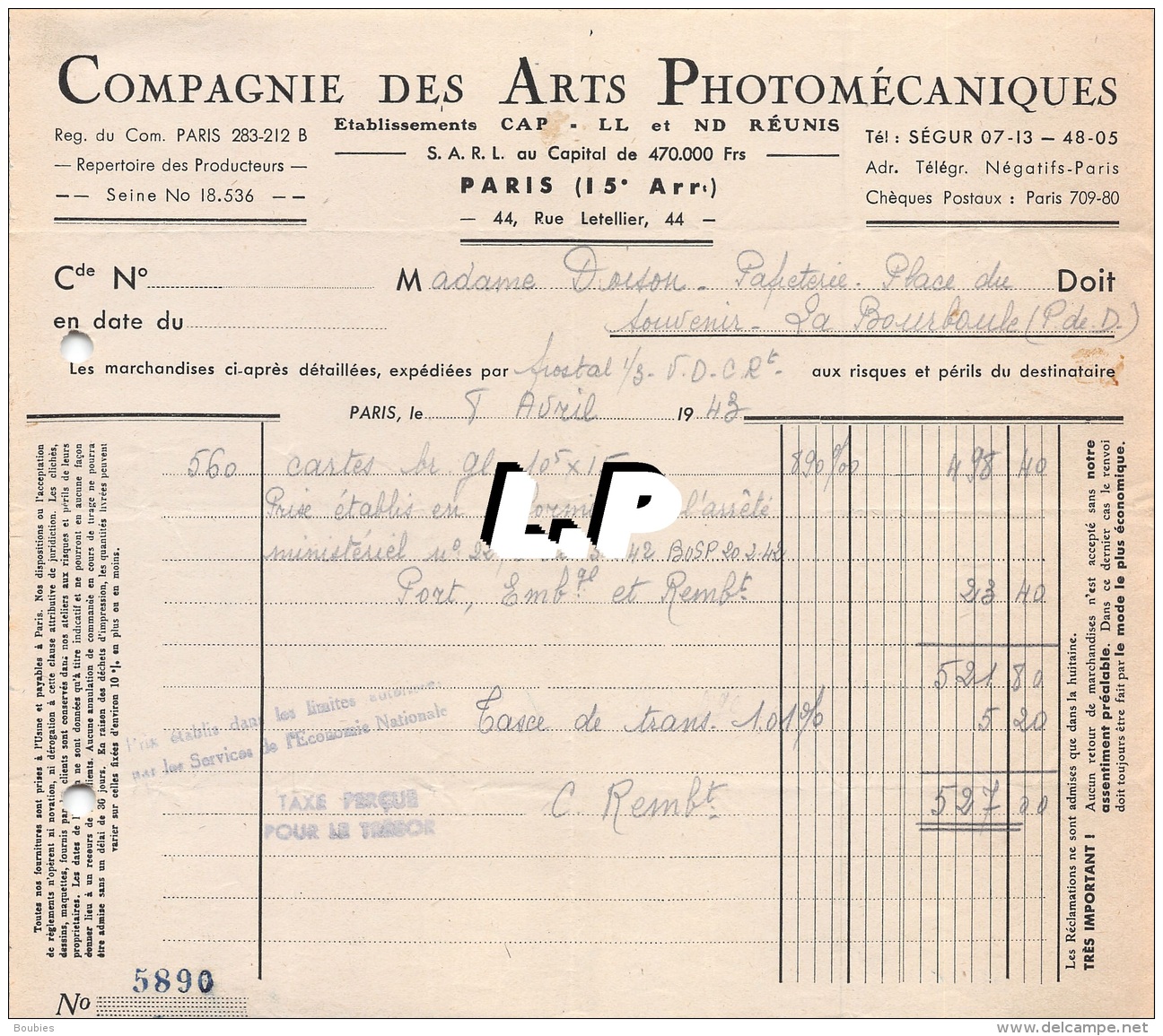 18401-3-0611       1943  ARTS PHOTOMECANIQUES PARIS 15E  - GAREL BAZAR LA BOURBOULE 63 - 1900 – 1949