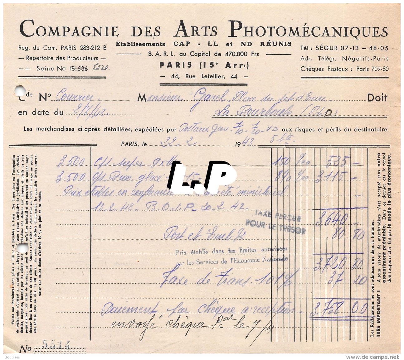 18401-3-0612      1943  ARTS PHOTOMECANIQUES PARIS 15E  - GAREL BAZAR LA BOURBOULE 63 - 1900 – 1949