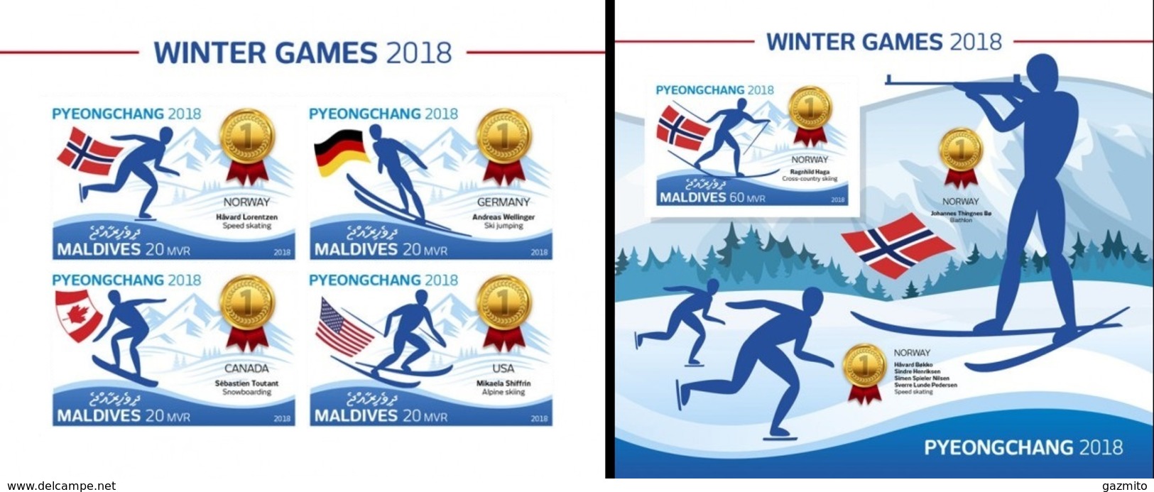 Maldives 2018, Winter Olympic Games In Pyeongchang Winners, Sking, 4val In BF+BF IMPERFORATED - Winter 2018: Pyeongchang