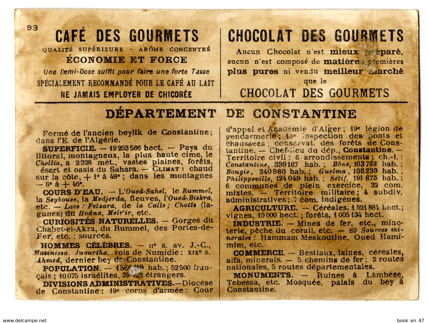 {14240} Chromo / Image " Café & Chocolat Des Gourmets " Département De Constantine. " En Baisse " - Autres & Non Classés